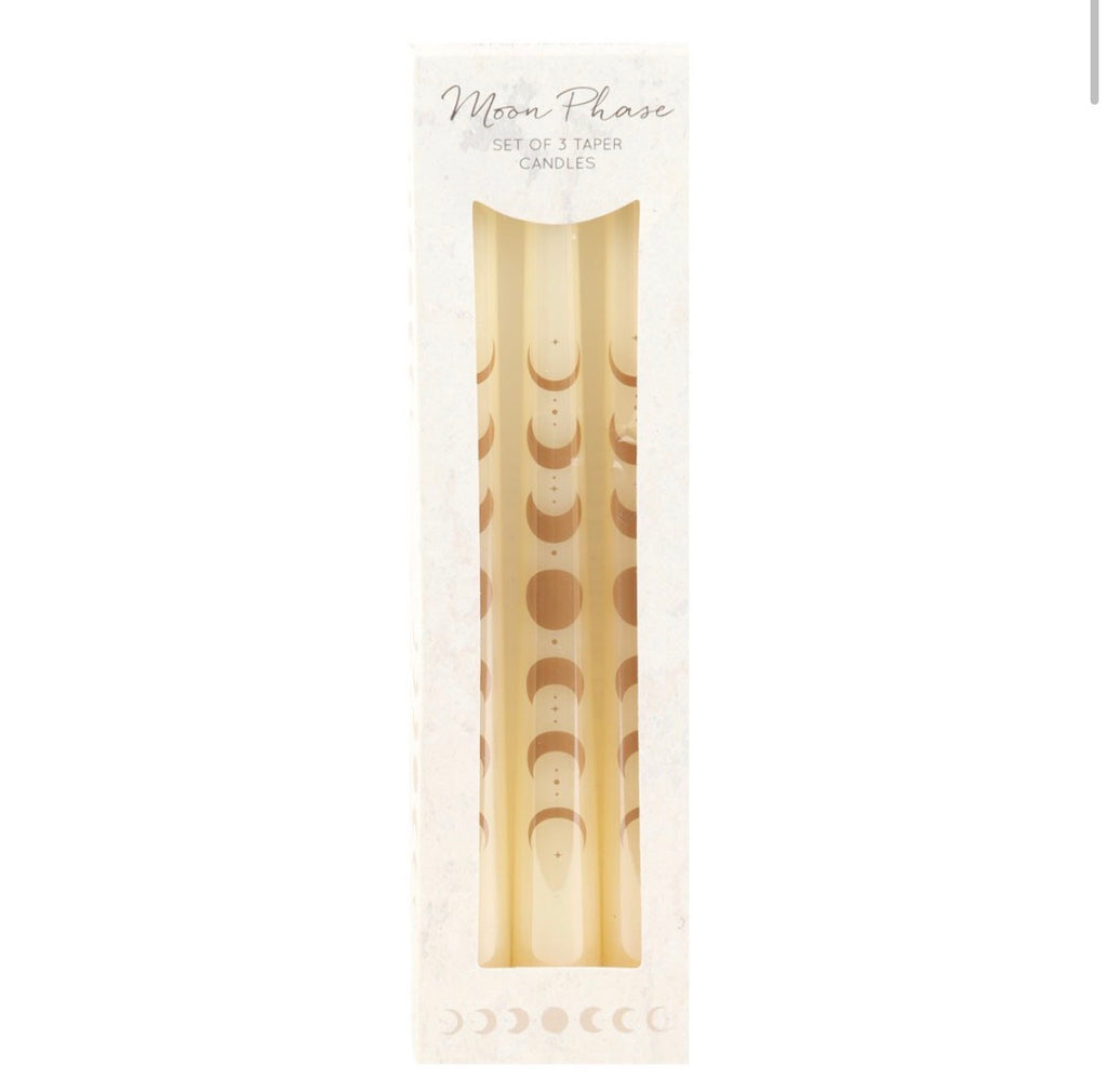 Moon Phase Taper Candles - three candles white background