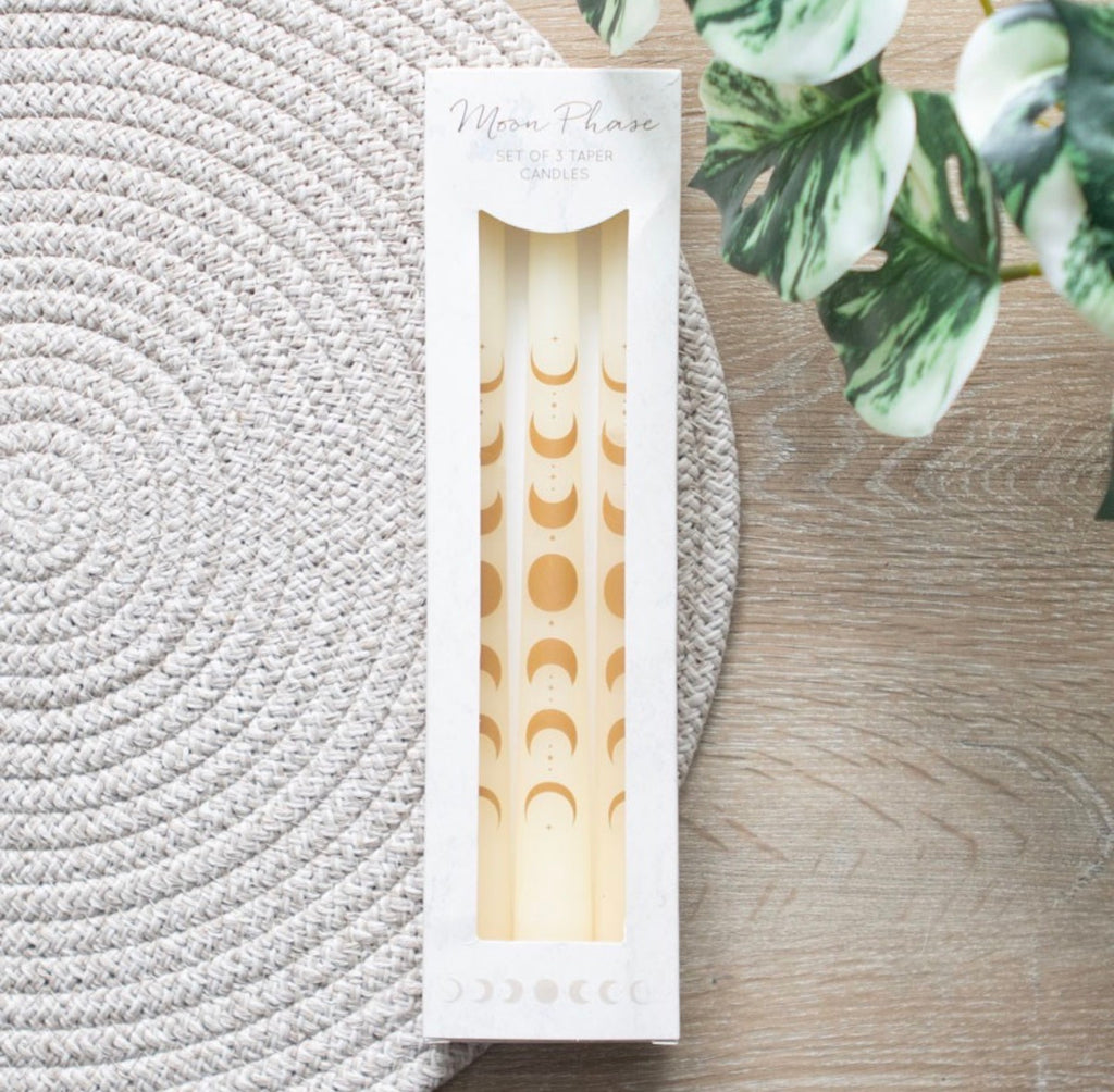 Moon Phase Taper Candles set of 3 - styled shot on rattan mat