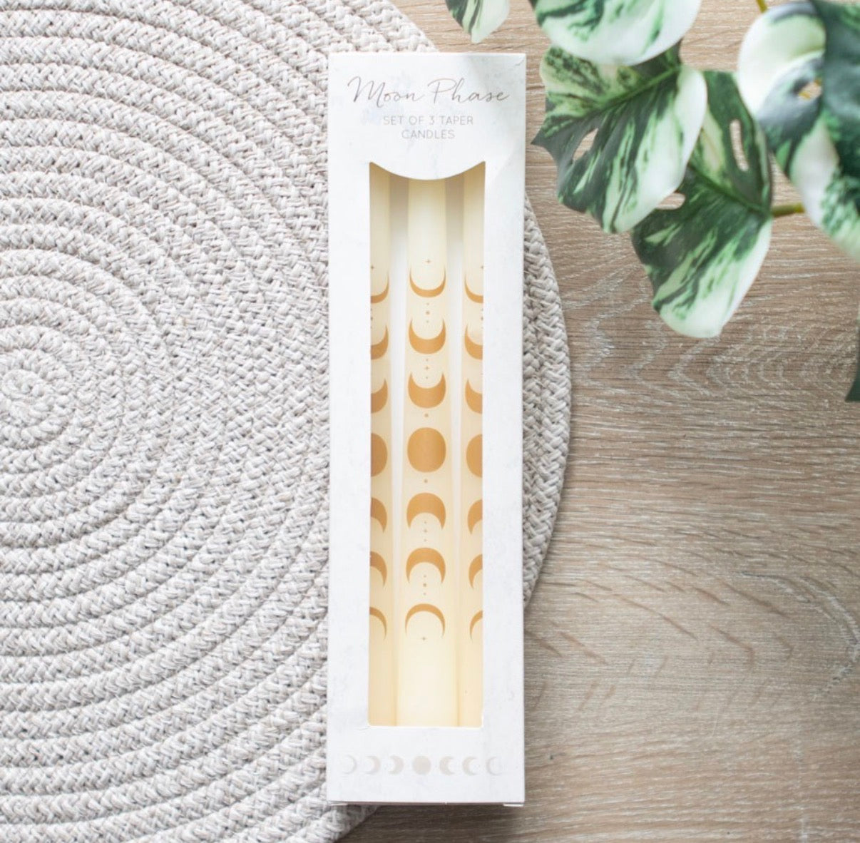 Moon Phase Taper Candles set of 3 - styled shot on rattan mat