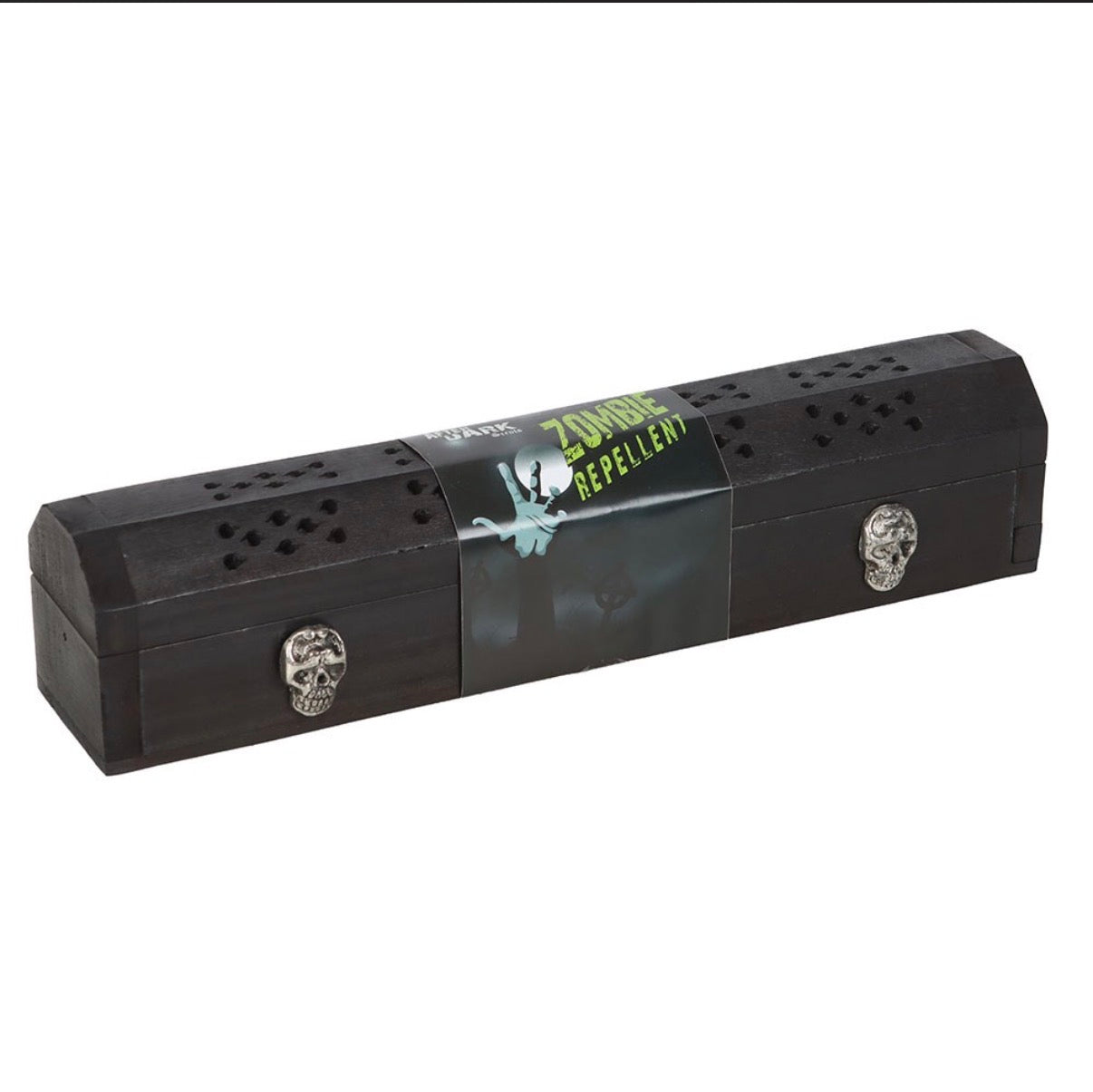 Zombie Repellent Incense Coffin Box - angled white background