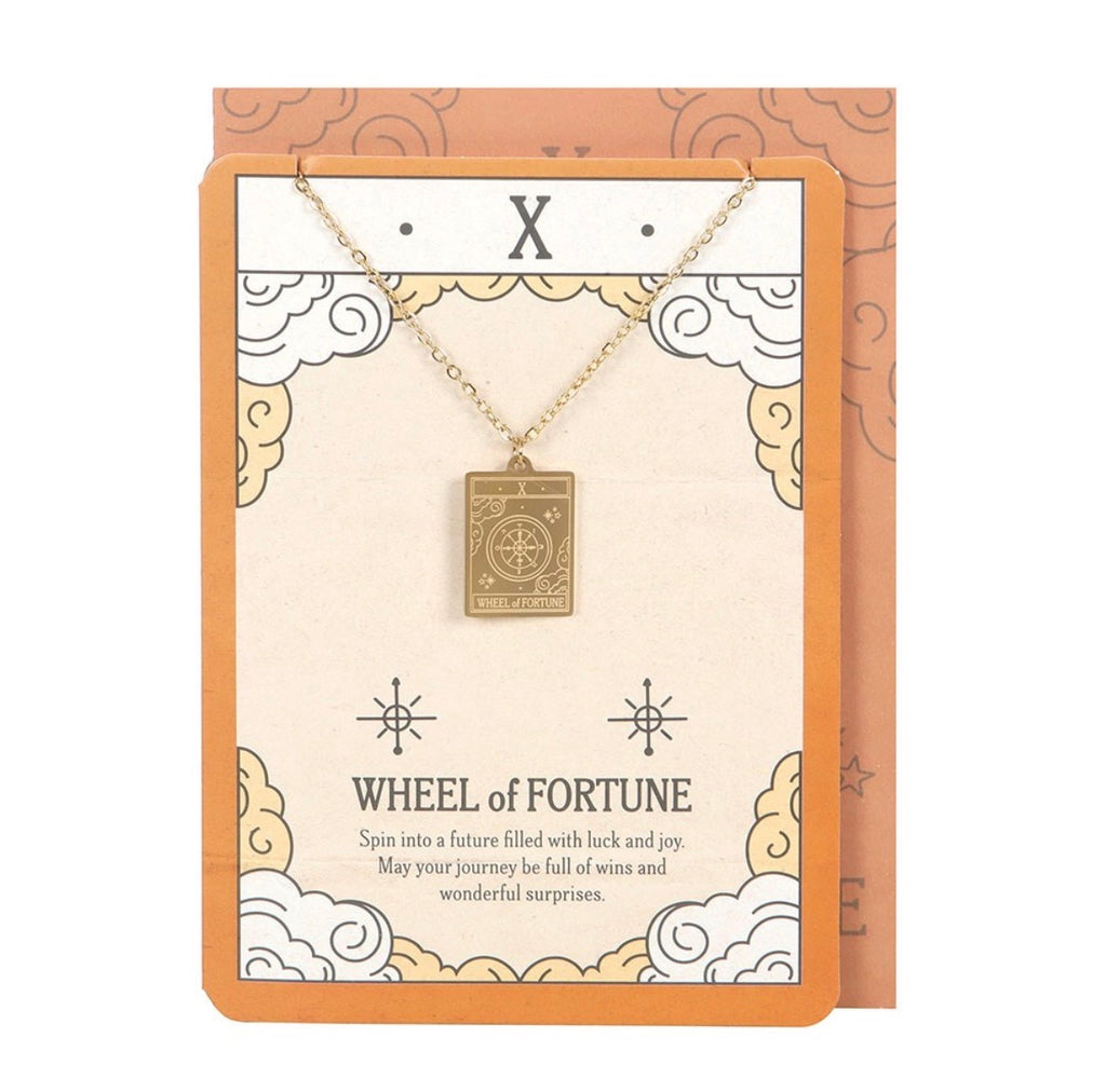 Wheel of Fortune tarot necklace on backing card - front view