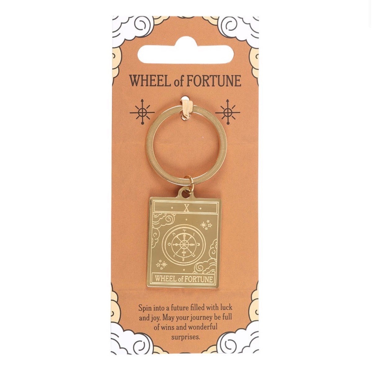 Wheel of Fortune tarot keyring on backing card - front