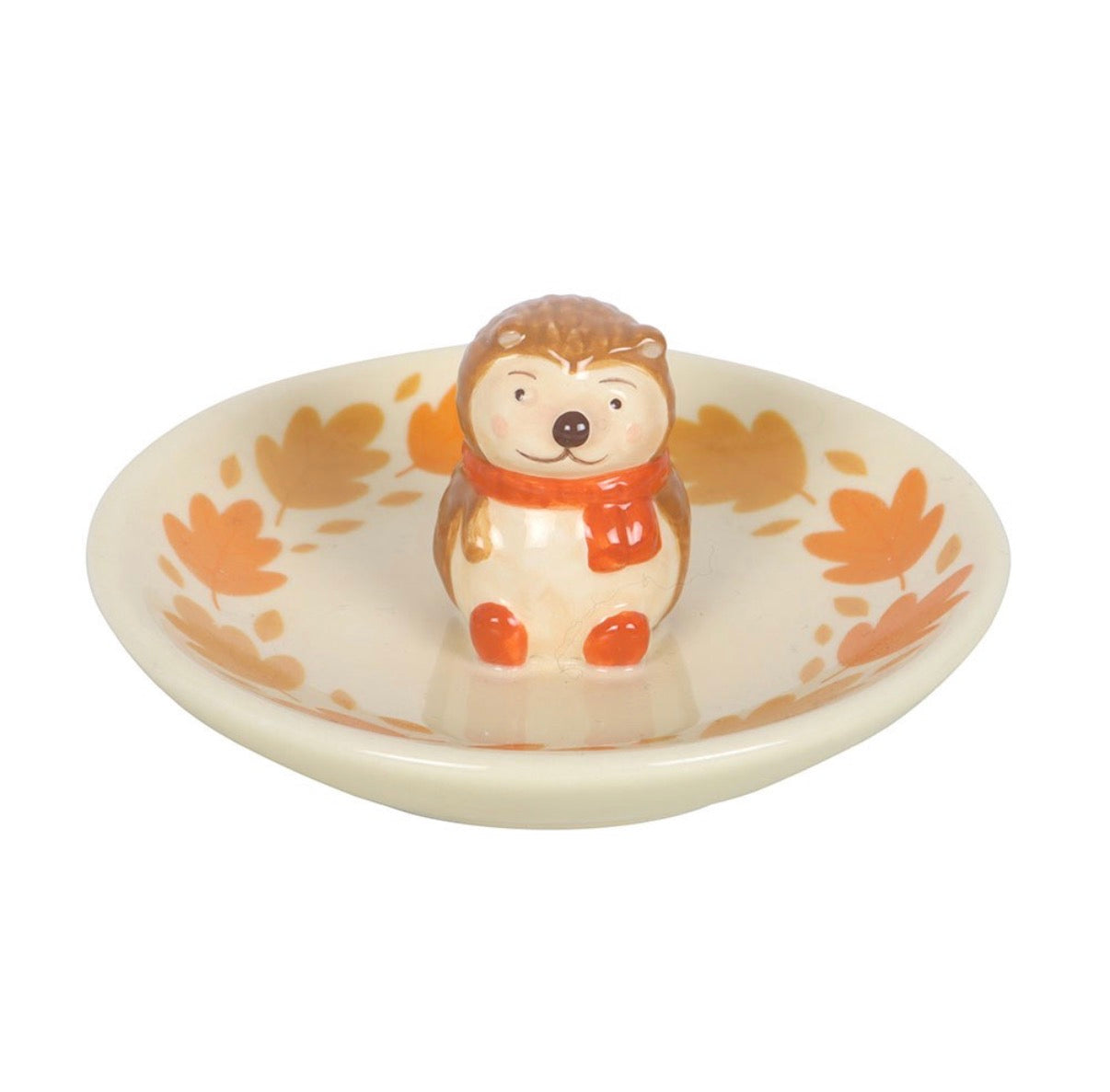 Hedgehog ceramic ring dish front view on white background showing hedgehog figurine with orange scarf