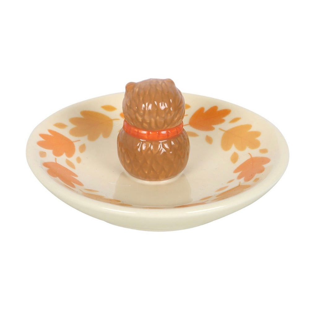 Hedgehog ceramic ring dish rear view on white background showing hedgehog spines and orange collar detail