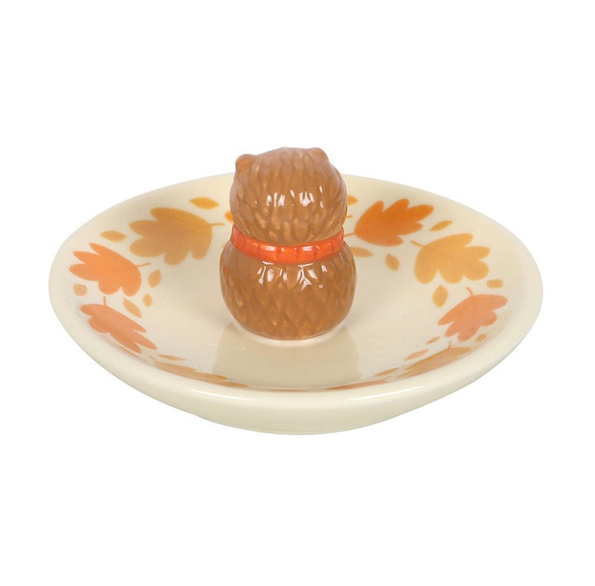 Hedgehog ceramic ring dish rear view on white background showing hedgehog spines and orange collar detail