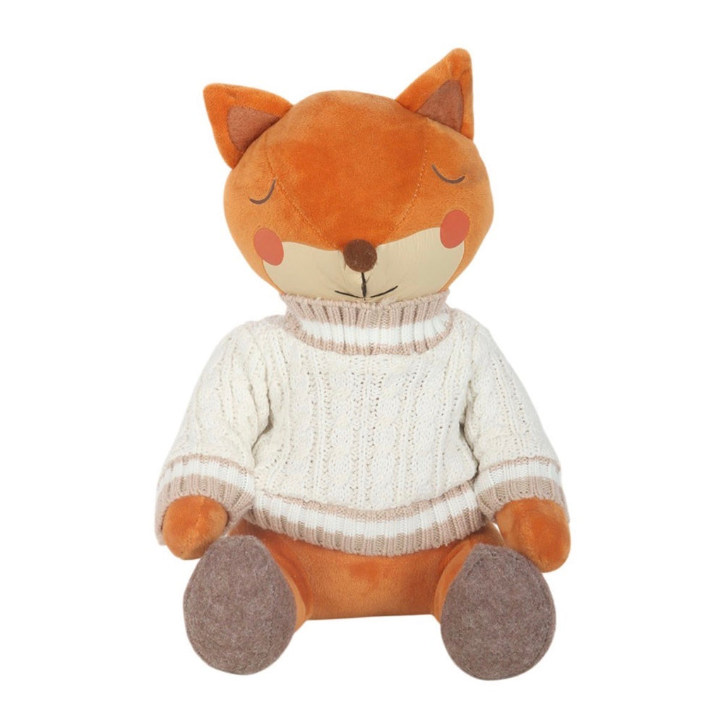Flynn The Fox plush doorstop front view on white background showing cable-knit sweater and closed eyes