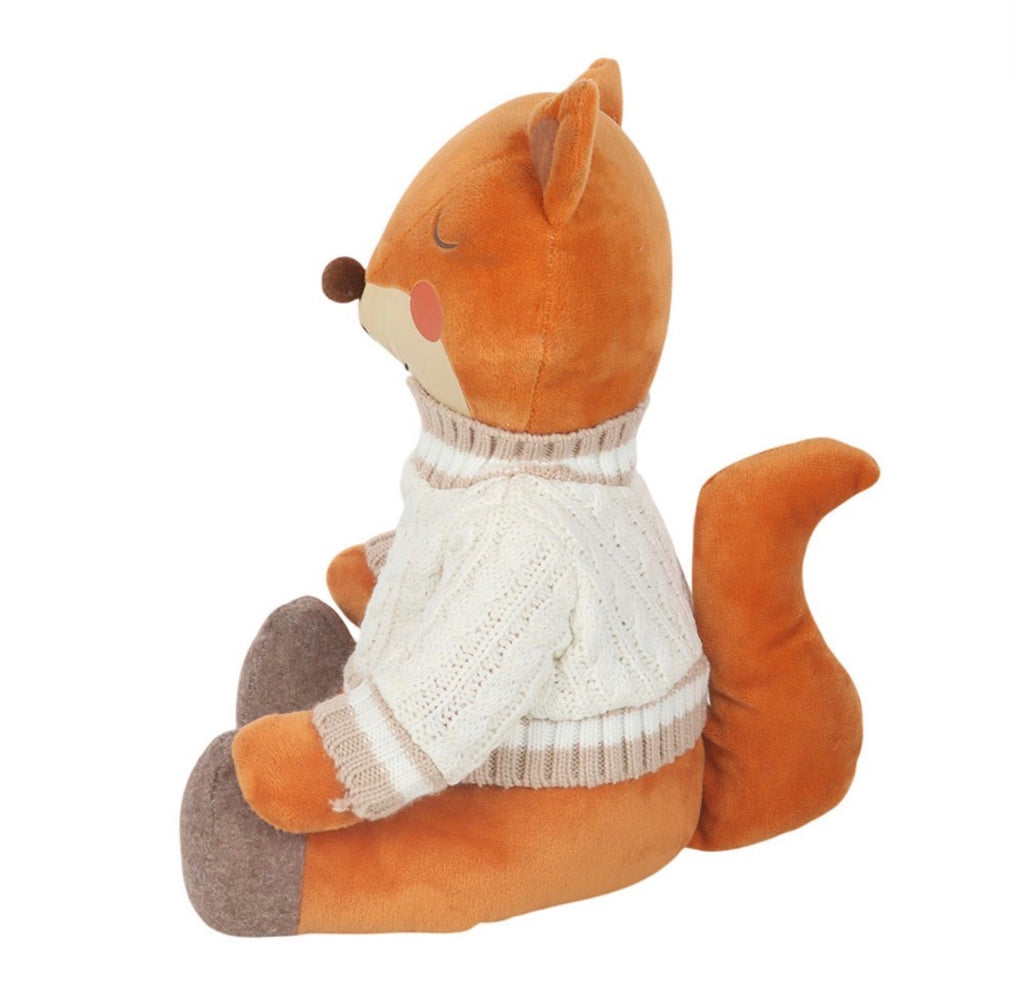 Flynn The Fox plush doorstop side view showing cable-knit sweater and fluffy tail