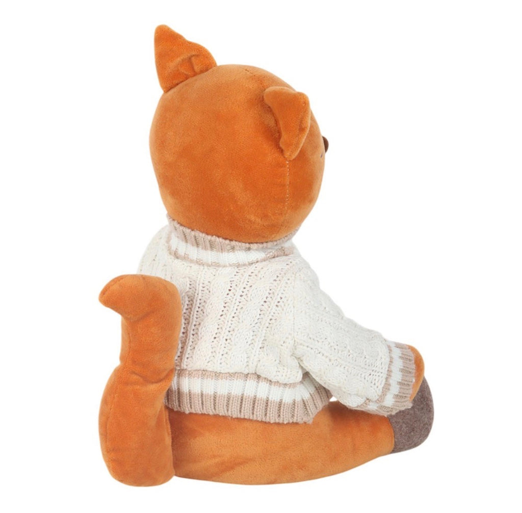 Flynn The Fox plush doorstop rear view showing full tail and cable-knit sweater back detail