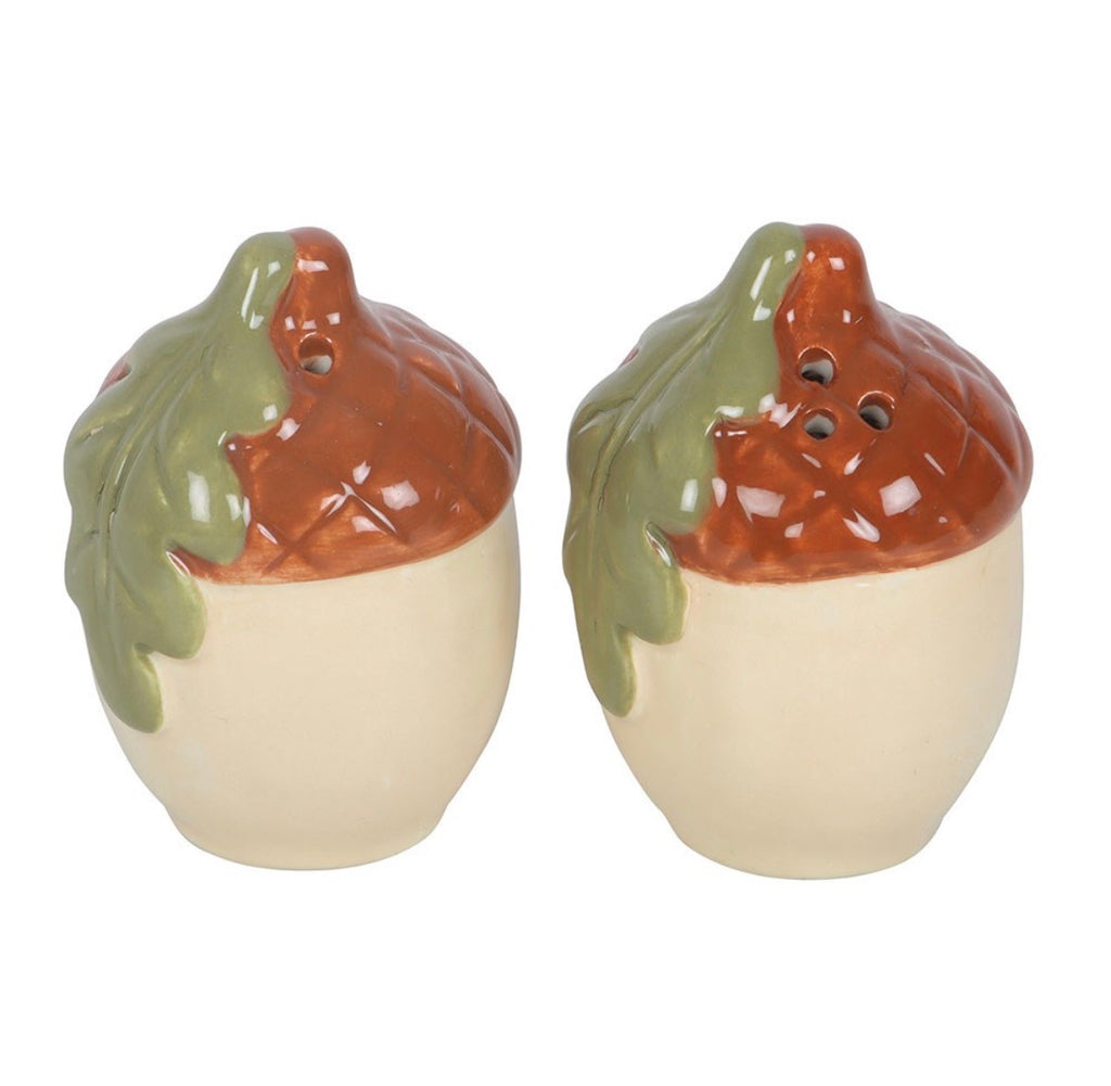 Acorn ceramic salt and pepper shakers front view on white background showing chestnut cap and green leaf detail