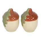 Acorn ceramic salt and pepper shakers front view on white background showing chestnut cap and green leaf detail