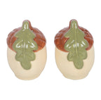 Acorn ceramic salt and pepper shakers front view on white background showing full leaf detail both shakers