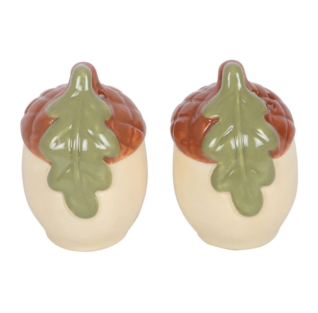 Acorn ceramic salt and pepper shakers front view on white background showing full leaf detail both shakers
