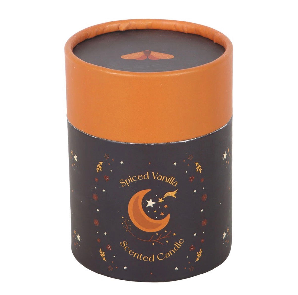 Spiced Vanilla celestial scented candle navy gift box with gold foil moon and star print front view