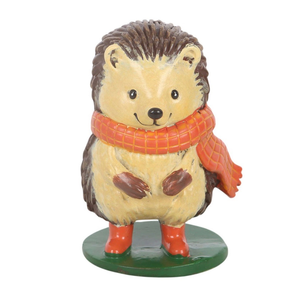Hazel The Hedgehog resin ornament front view close up showing orange scarf and wellie boots
