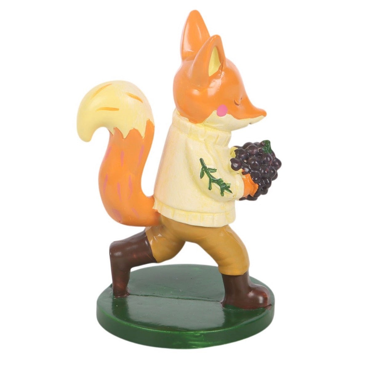 Flynn The Fox resin ornament side view showing fluffy tail and botanical jumper embroidery
