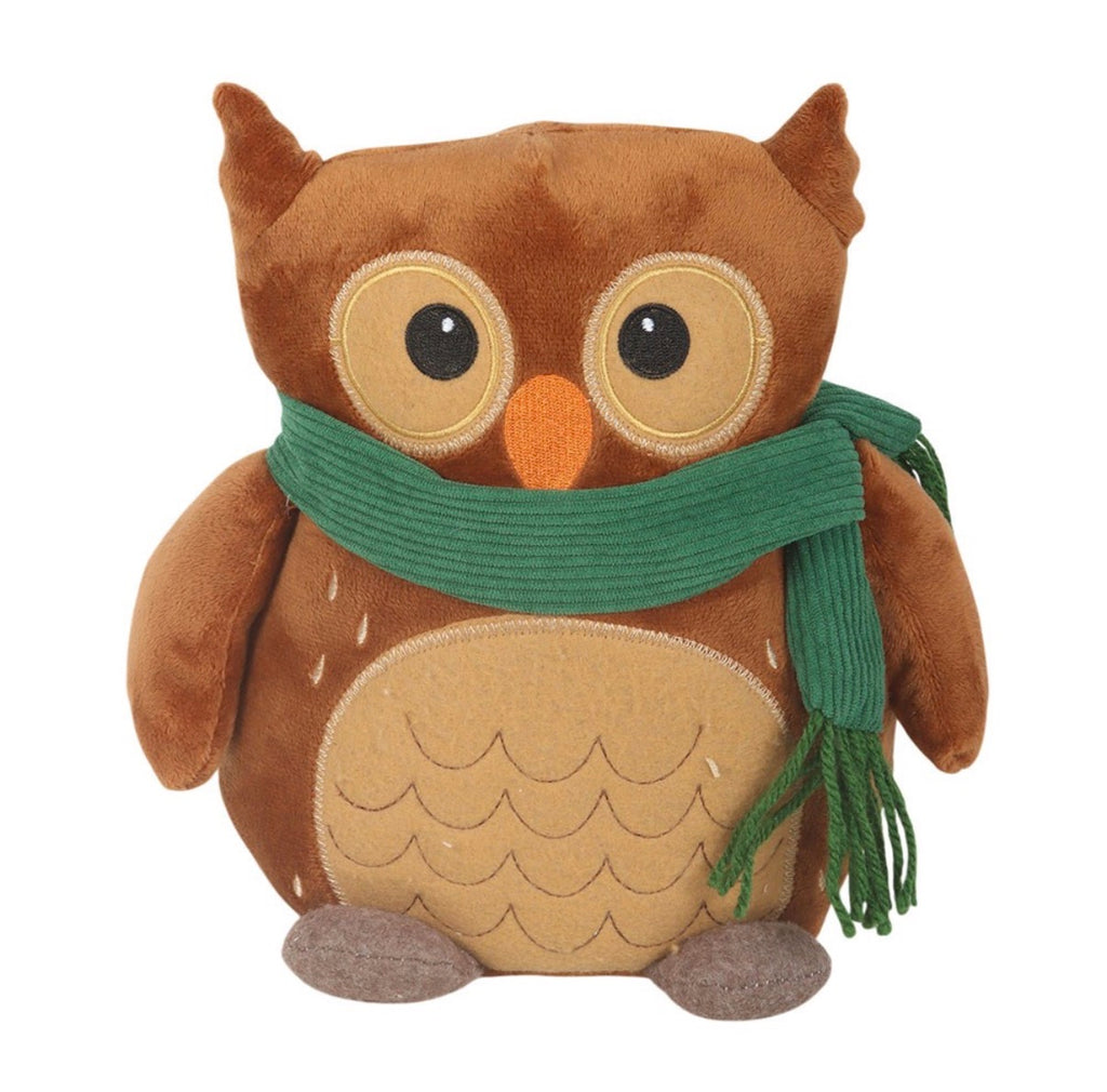 Oliver The Owl plush doorstop front view on white background showing teal scarf and embroidered eyes