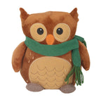 Oliver The Owl plush doorstop front view on white background showing teal scarf and embroidered eyes