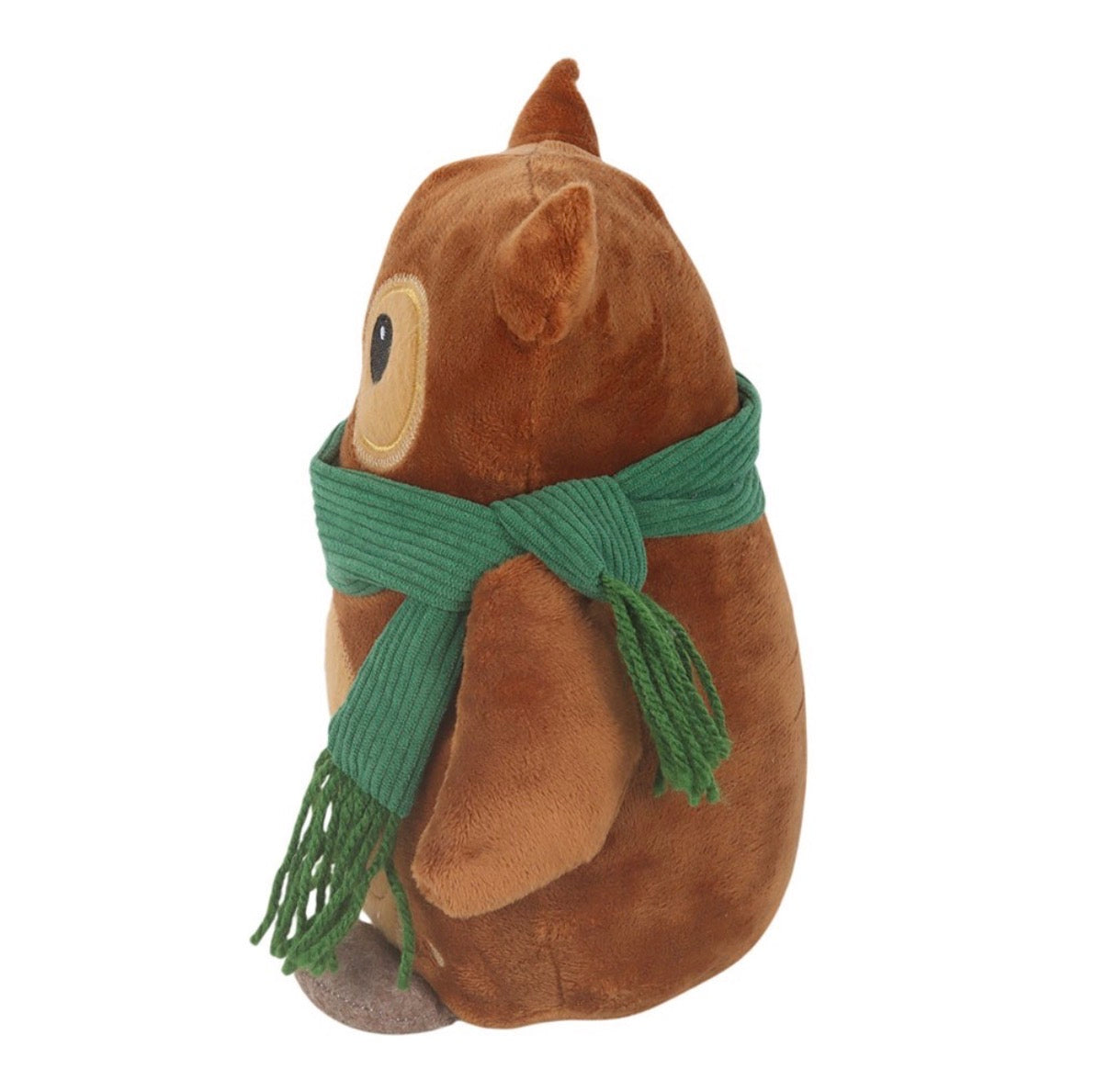 Oliver The Owl plush doorstop side view showing teal scarf and wing detail
