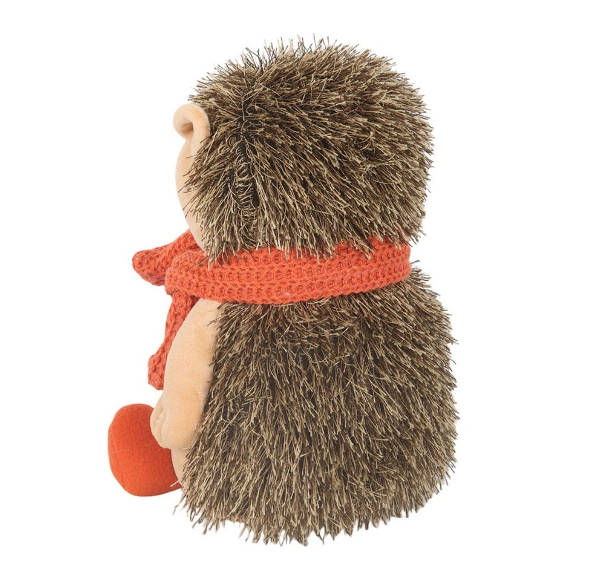 Hazel The Hedgehog plush doorstop rear view showing full spine and orange scarf detail