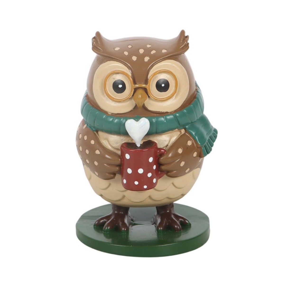 Oliver The Owl resin ornament front view close up showing glasses scarf and mug detail
