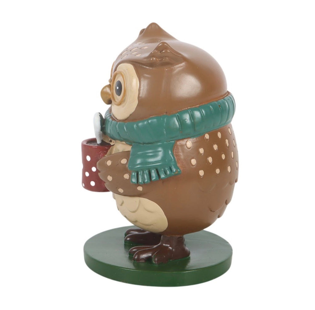 Oliver The Owl resin ornament side view showing teal scarf and wing detail