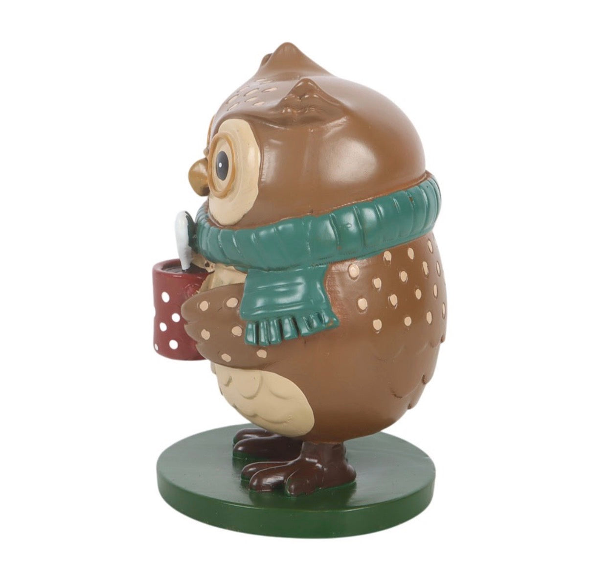 Oliver The Owl resin ornament side view showing teal scarf and wing detail