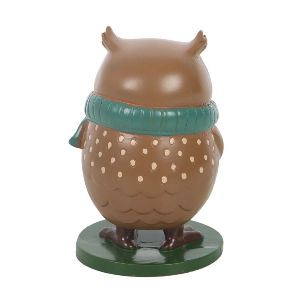 Oliver The Owl resin ornament rear view showing spotted back and teal scarf