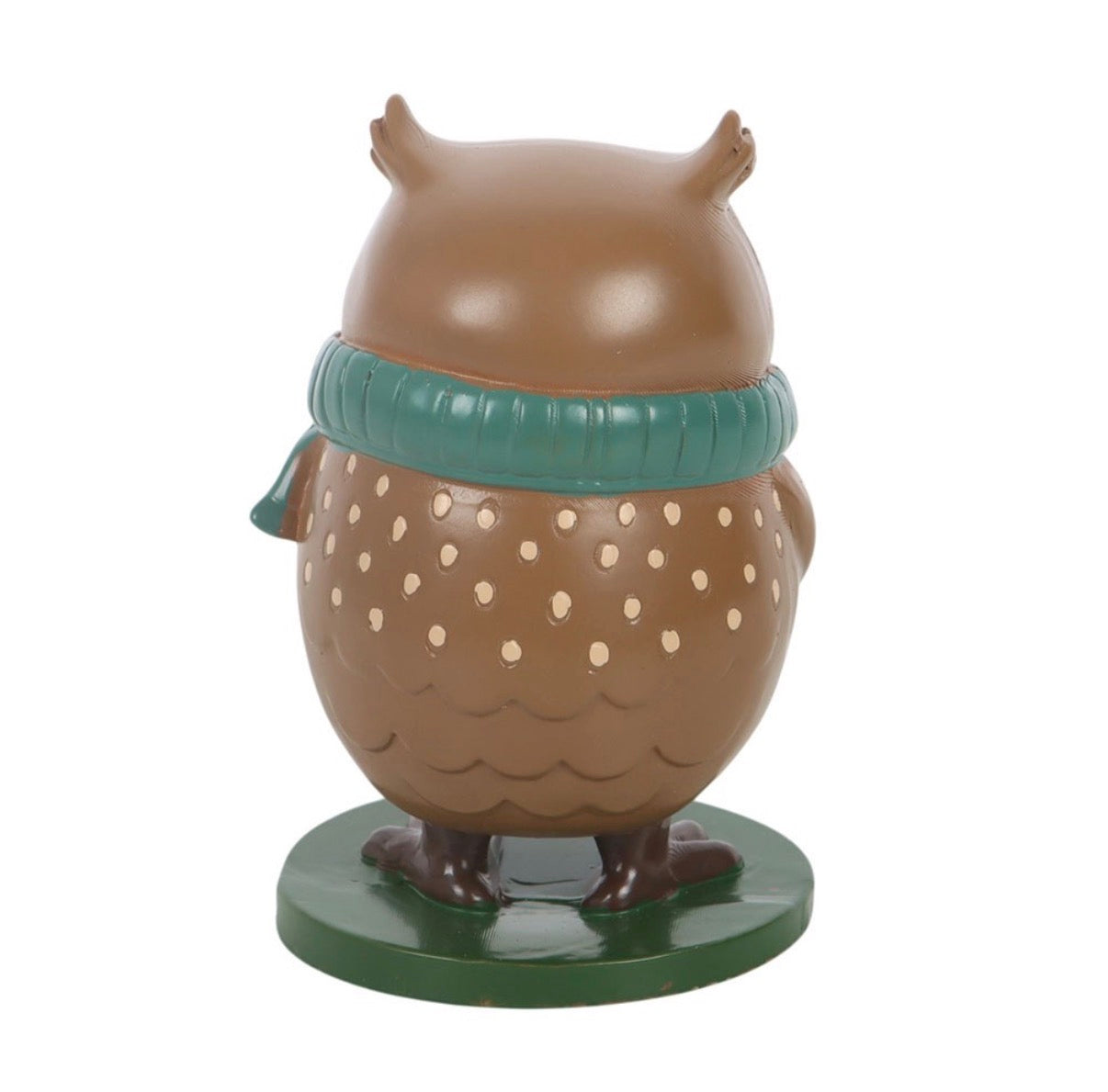 Oliver The Owl resin ornament rear view showing spotted back and teal scarf