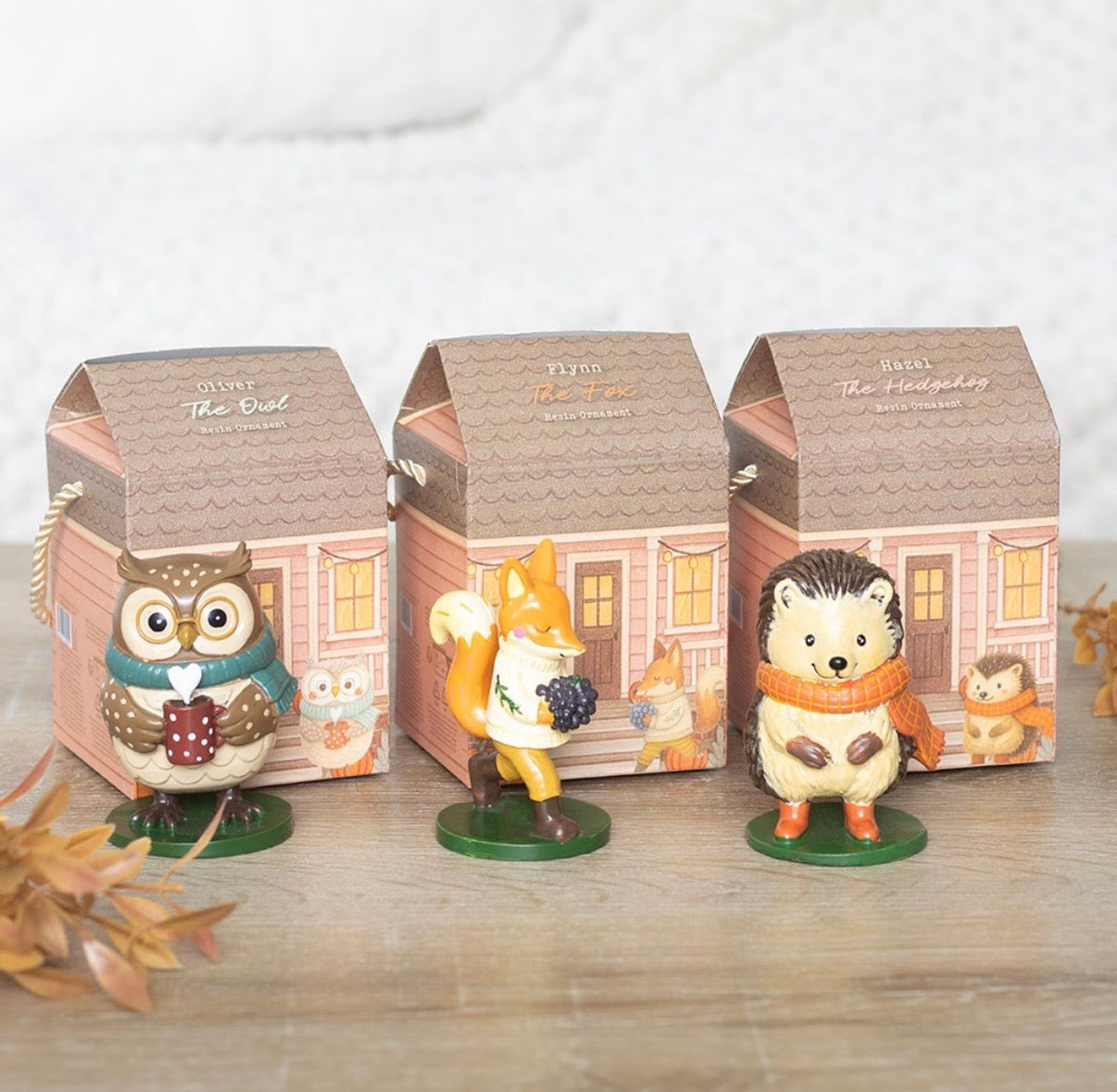Oliver The Owl Flynn The Fox and Hazel The Hedgehog Woodland Friends resin ornament series group shot