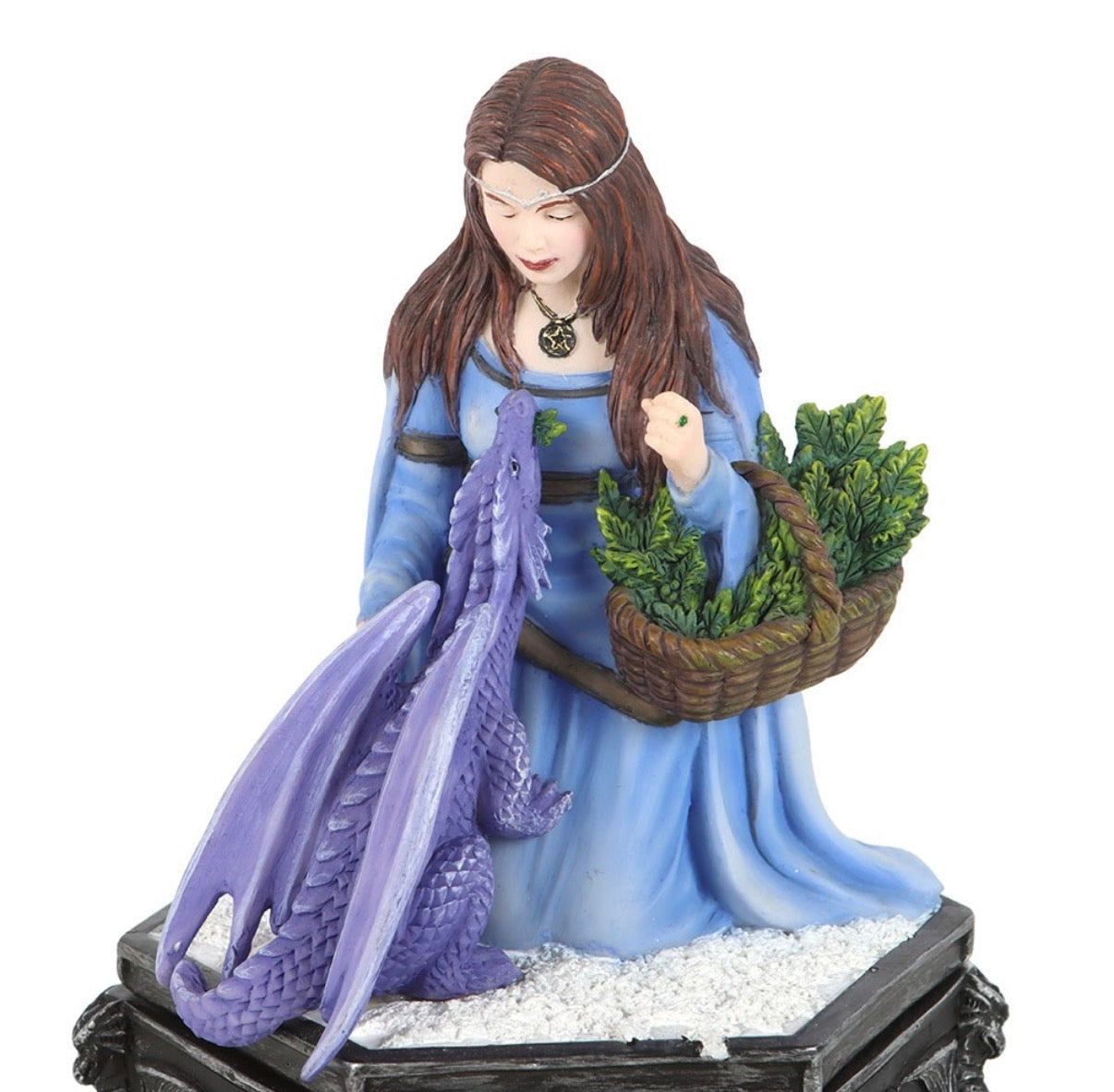 Anne Stokes Four Seasons Dragon Winter trinket box close up of maiden and purple dragon lid