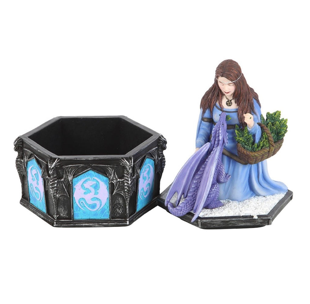 Anne Stokes Four Seasons Dragon Winter trinket box shown open with lid and base separated