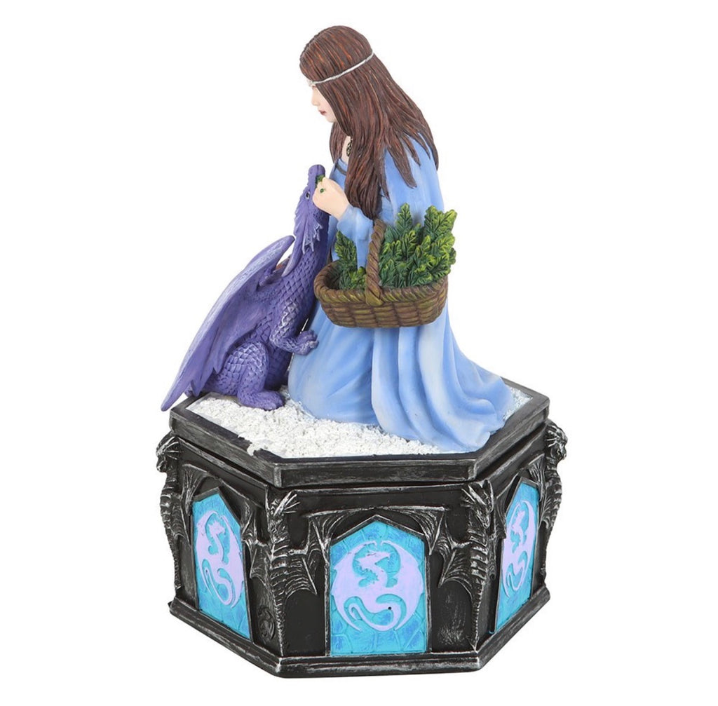 Anne Stokes Four Seasons Dragon Winter trinket box side view showing dragon medallion base