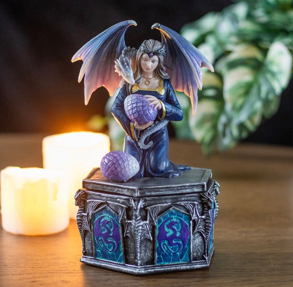 Anne Stokes Four Seasons Dragon Spring trinket box with candles in moody dark setting