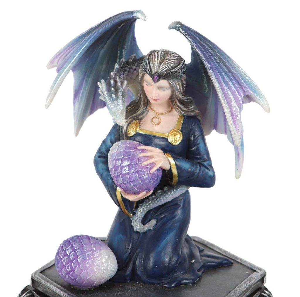 Anne Stokes Four Seasons Dragon Spring trinket box close up of winged maiden and dragon egg lid