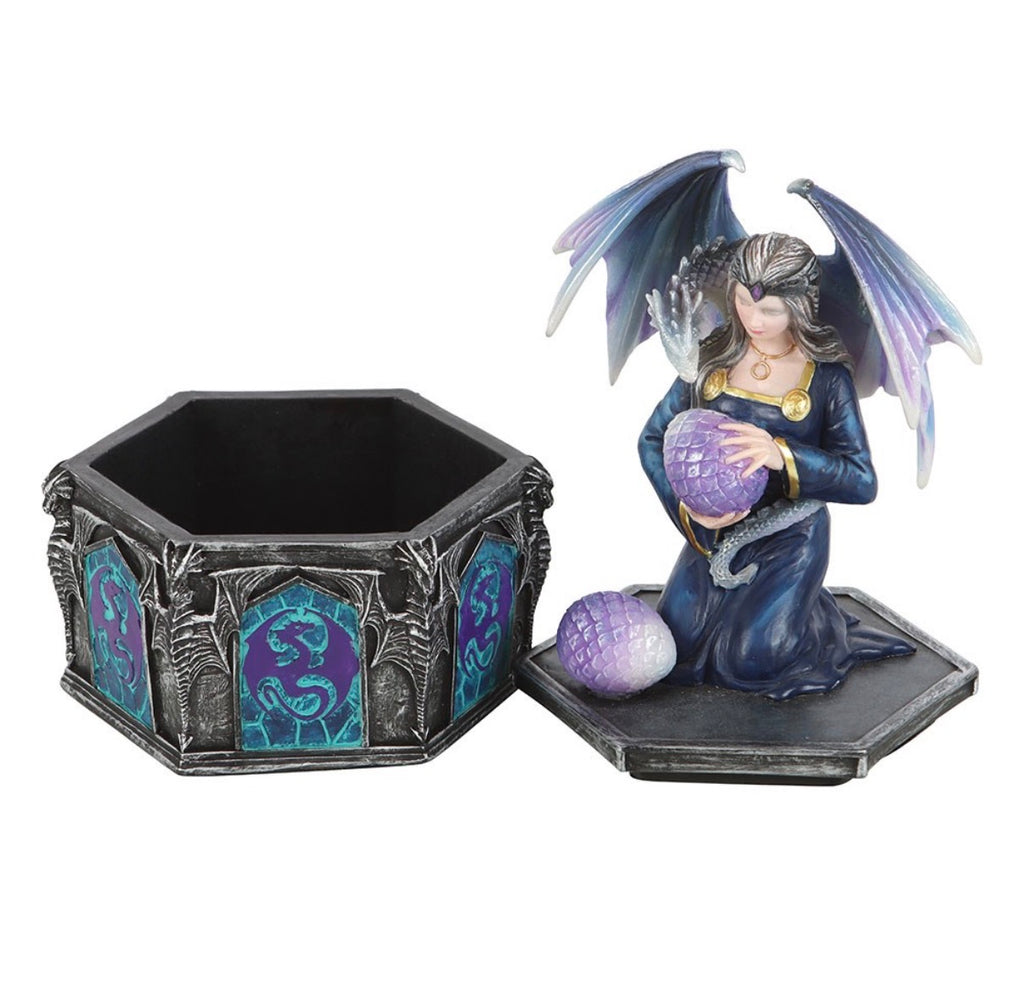 Anne Stokes Four Seasons Dragon Spring trinket box shown open with lid and base separated