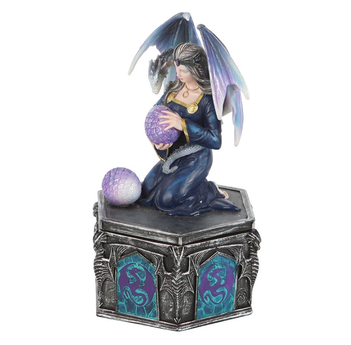 Anne Stokes Four Seasons Dragon Spring trinket box side view showing teal dragon medallion base