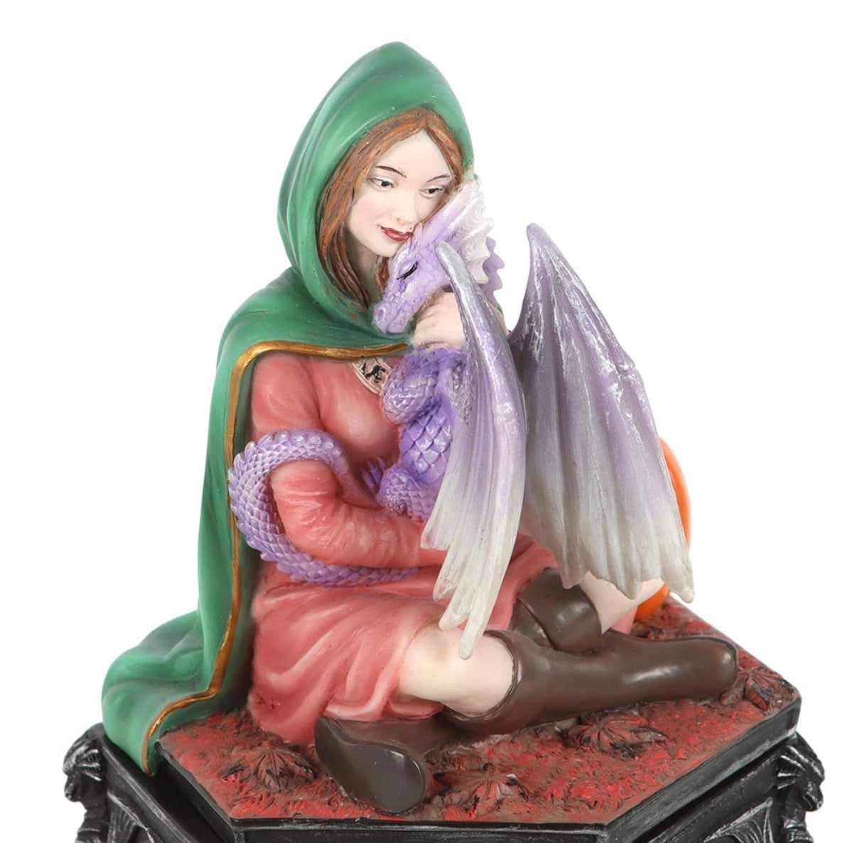 Anne Stokes Four Seasons Dragon Fall trinket box close up of hooded maiden and purple dragon lid