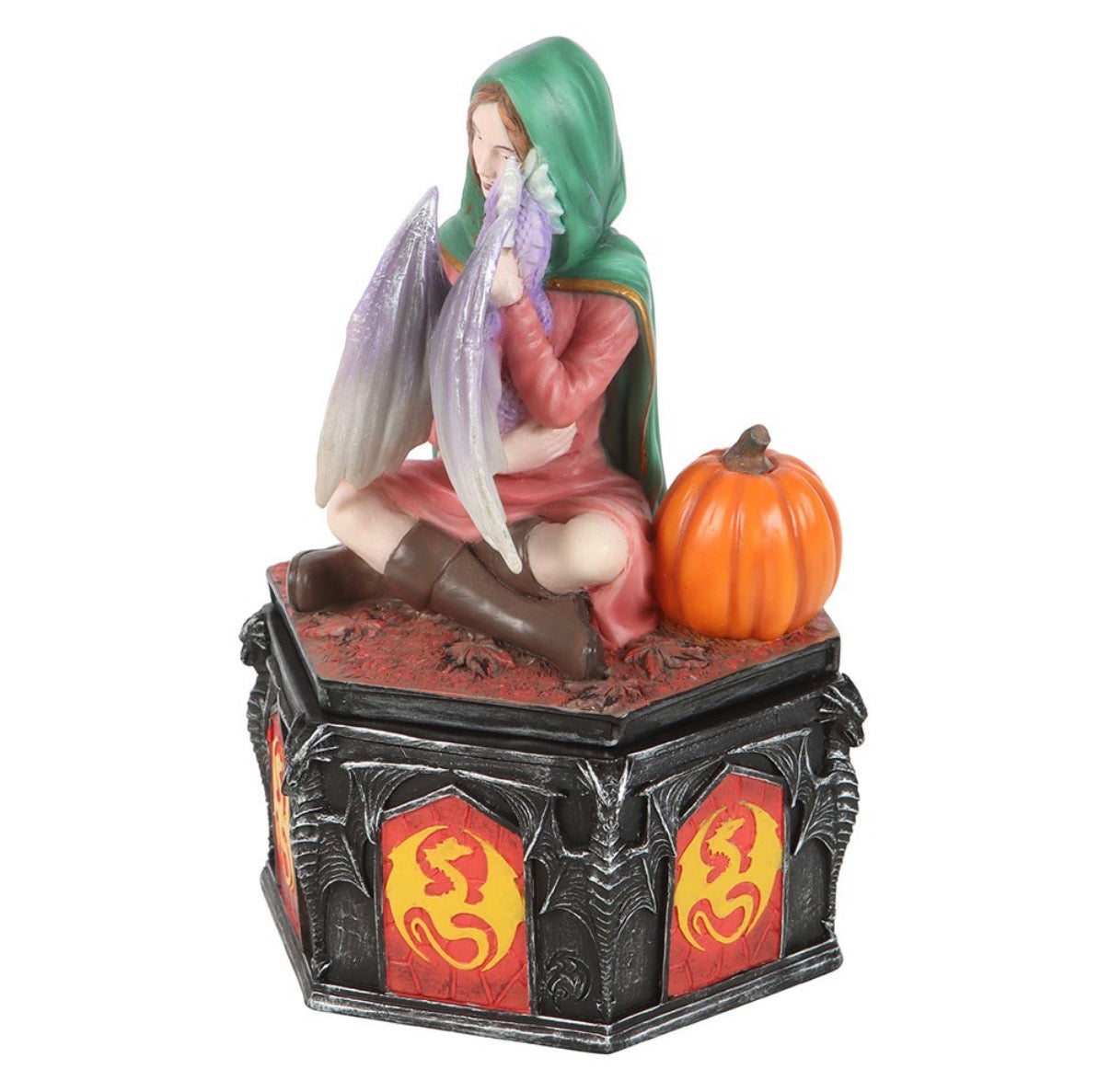 Anne Stokes Four Seasons Dragon Fall trinket box side view showing dragon medallion base panels