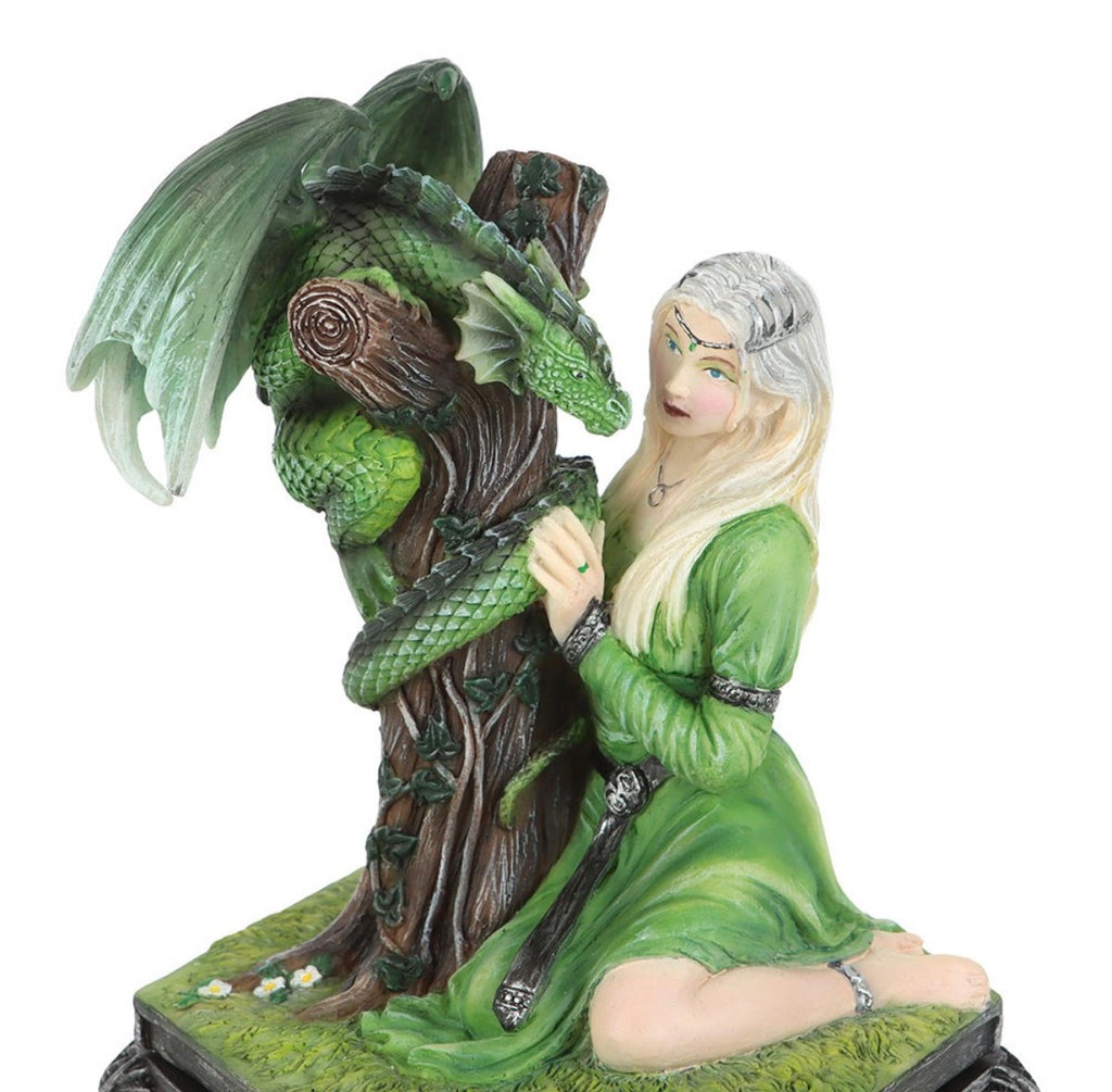 Anne Stokes forest dragon maiden trinket box close up detail of figurine lid