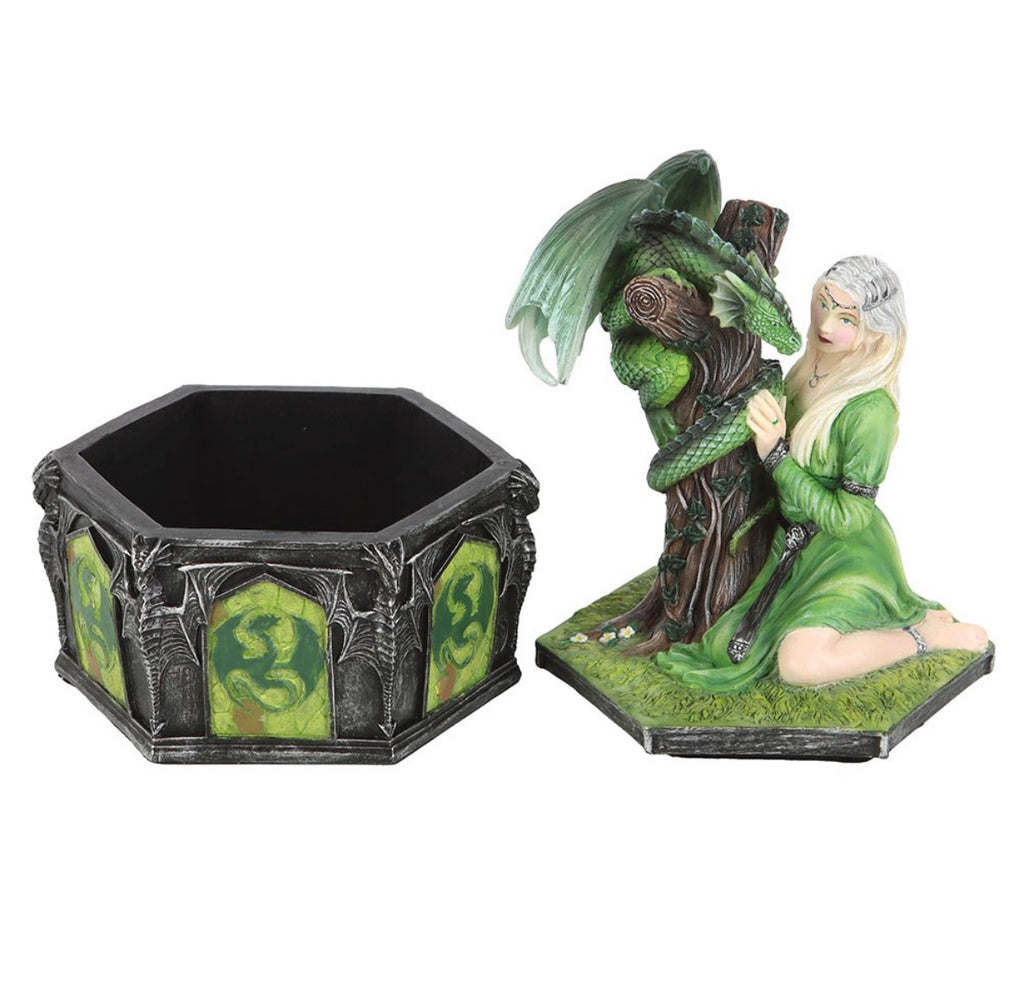 Anne Stokes forest dragon maiden trinket box shown open with lid removed