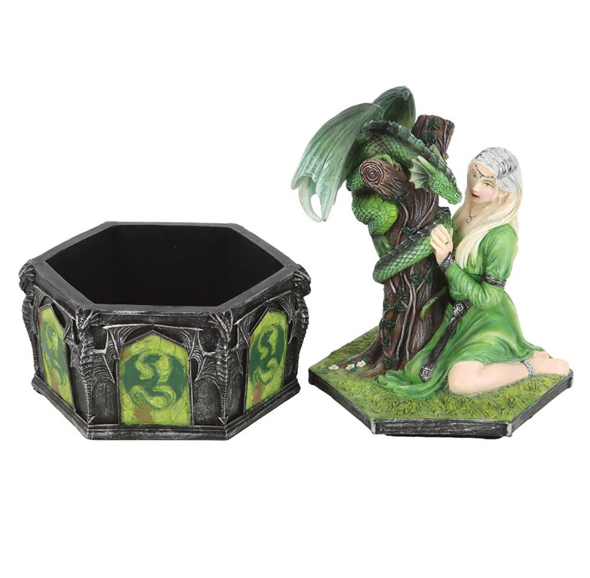 Anne Stokes forest dragon maiden trinket box shown open with lid removed