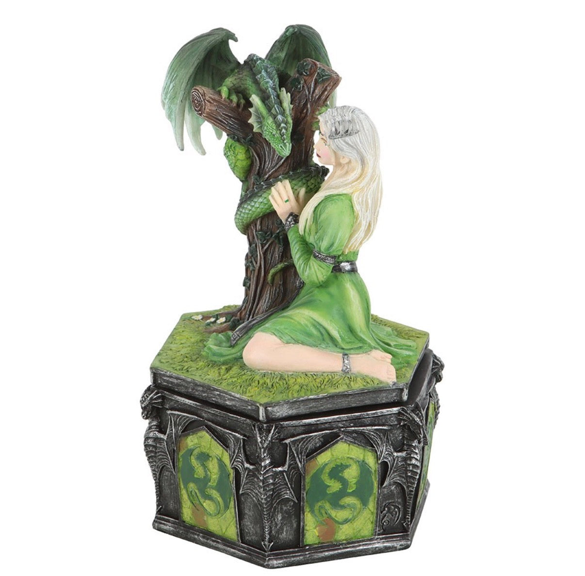 Anne Stokes forest dragon maiden trinket box side view on white background