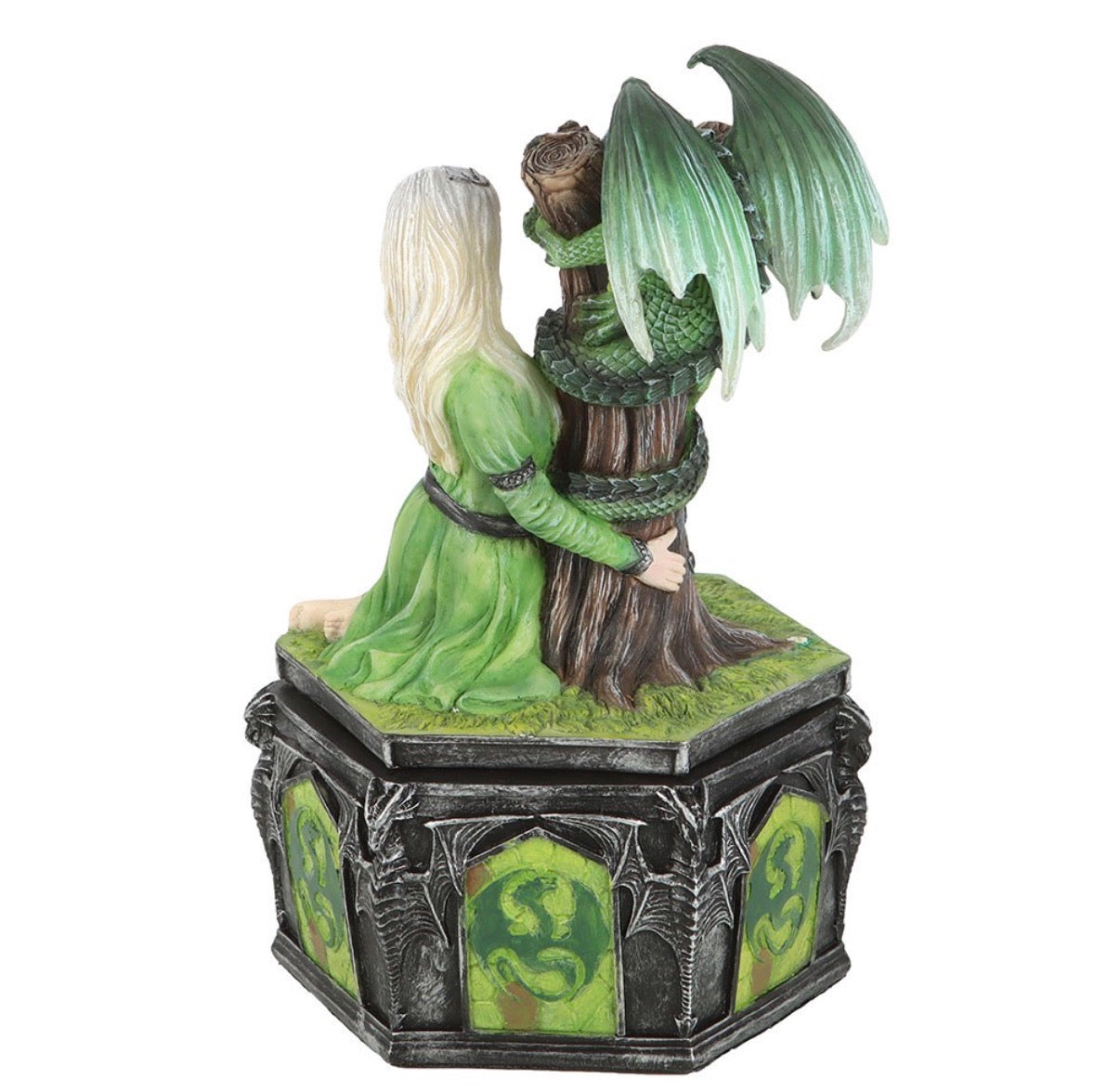 Anne Stokes forest dragon maiden trinket box rear view showing dragon wings detail