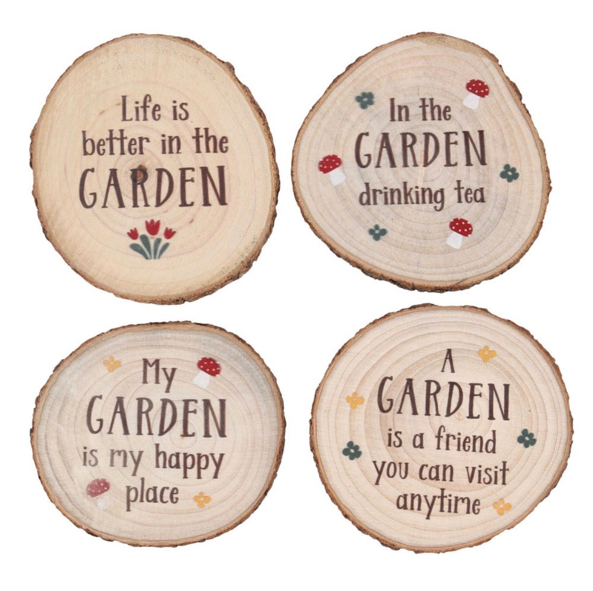 Four round wood slice coasters with hand-painted garden quotes and mushroom and flower illustrations, shown on a white background