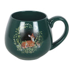 Enchanted Forest Fawn Mug side view showing fawn in moonlit woodland wreath on forest green ceramic