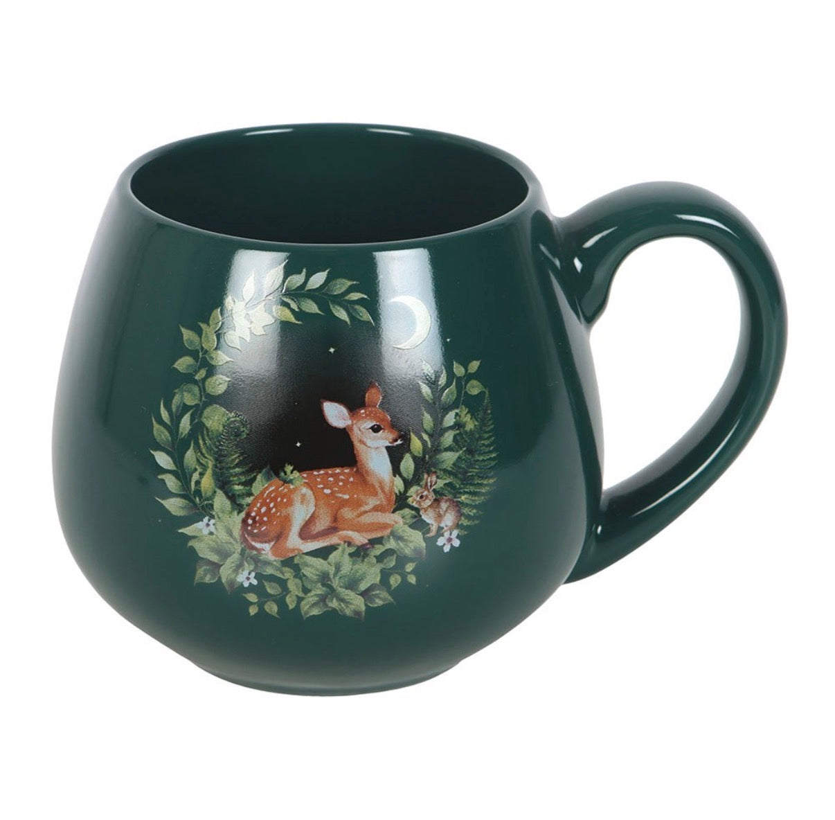 Enchanted Forest Fawn Mug side view showing fawn in moonlit woodland wreath on forest green ceramic