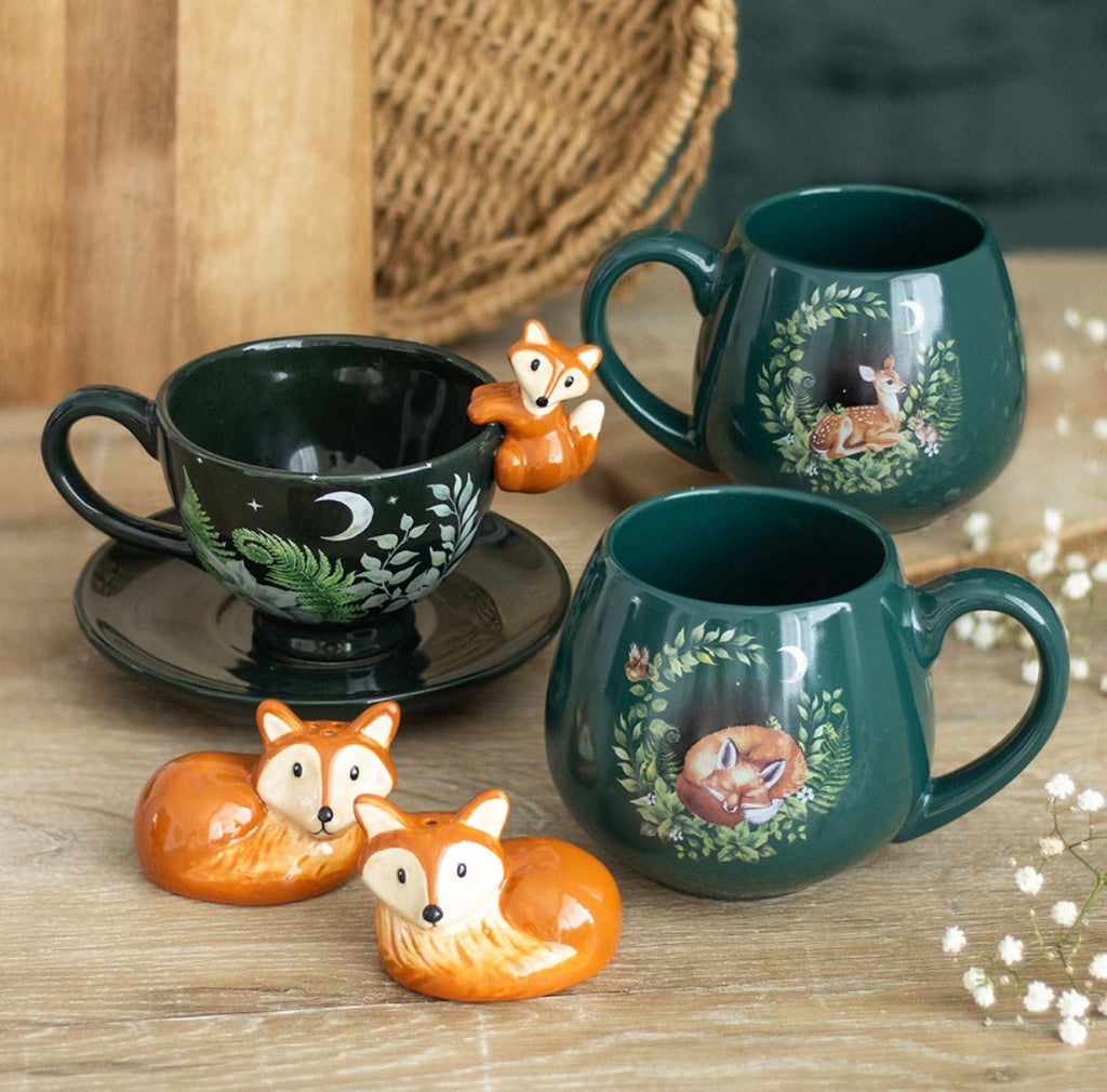 Enchanted Forest Fawn Mug angled view highlighting the detailed botanical wreath and resting fawn illustration