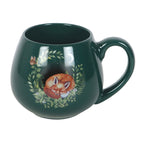 Enchanted Forest Sleeping Fox Mug front view with detailed botanical wreath and curled sleeping fox illustration