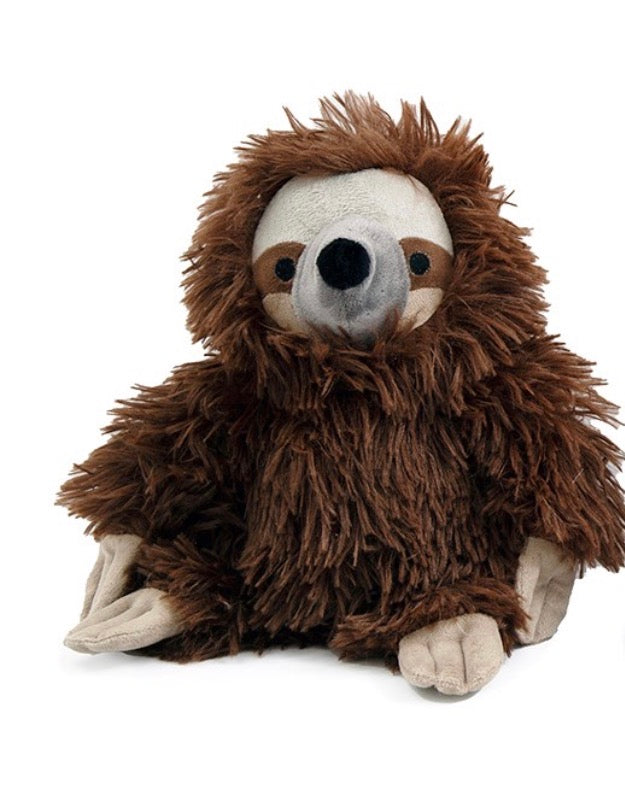 Fluffy brown sloth plush doorstop with shaggy fur and outstretched paws, white background product shot