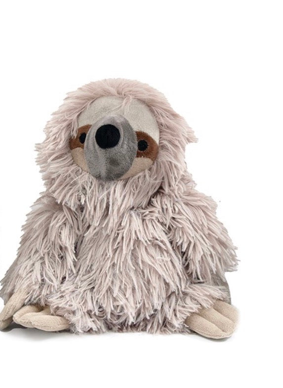 Grey plush sloth doorstop with long shaggy fur and outstretched paws, white background product shot